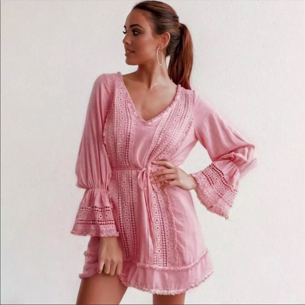 Crochet Fringe Bell Sleeve Boho Gypsy Dress Mint - Picture 11 of 12
